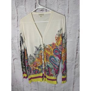 Etro Milano Abstract Floral Print 100% Silk Knit Cardigan Sweater Size 42